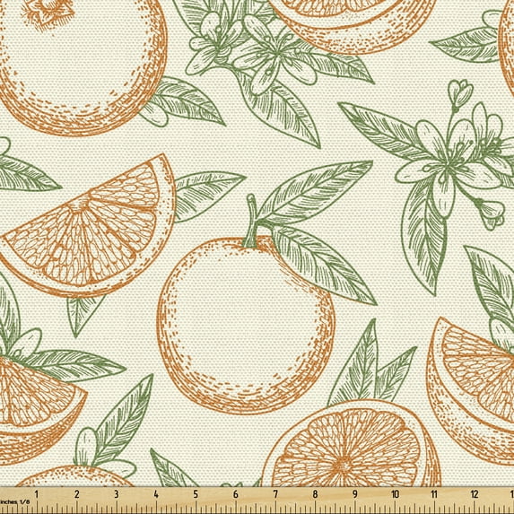 Orange Fabric by the Yard, Fruits of the Winter Season with Hand Drawn Leaves and Blooms Pattern, Decorative Upholstery Fabric for Chairs & Home Accents, 1 Yard, Eggshell Orange by Ambesonne