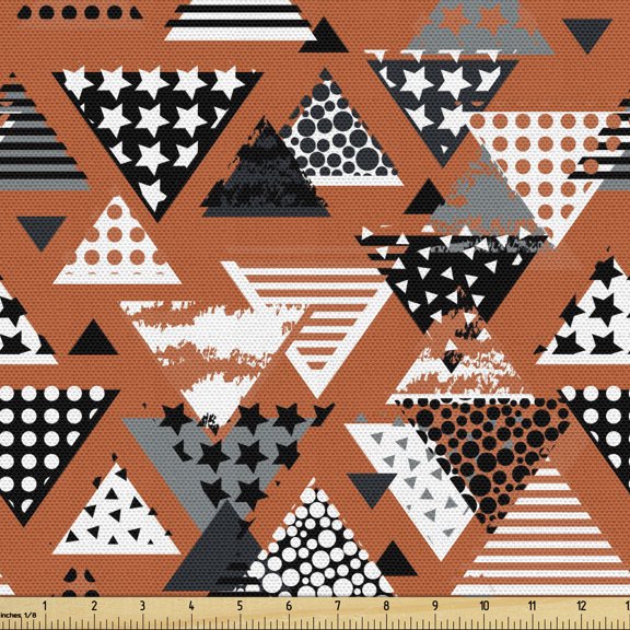 Ambesonne Orange Fabric by the Yard Upholstery, Geometric Triangle Ornaments, 2 Yards, Vermilion Grey and White