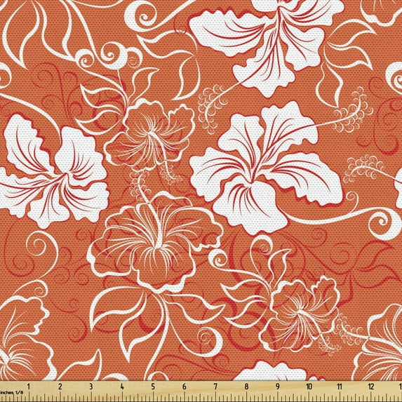Orange Fabric by the Yard, Hawaiian Pattern with Tropical Climate Hibiscus Flowers Abstract Summer Flourish, Decorative Upholstery Fabric for Sofas and Home Accents, 1 Yard, Orange White by Ambesonne