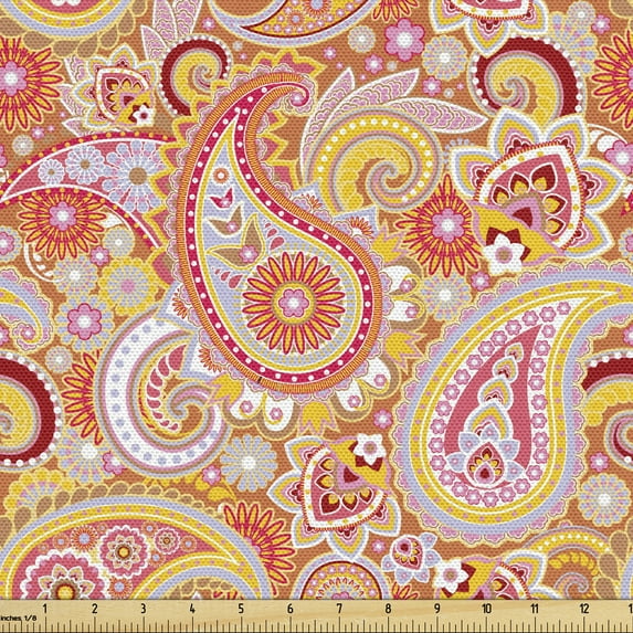 Ambesonne Orange Fabric by the Yard Upholstery, Paisley, 10 Yards, Multicolor