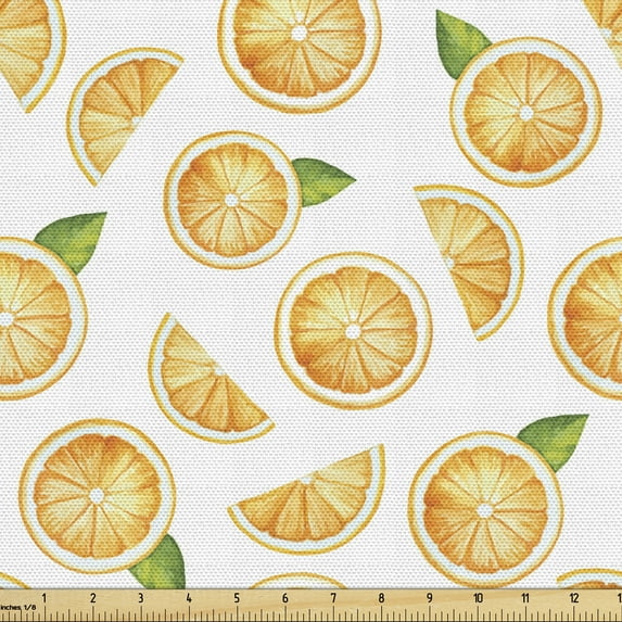 Ambesonne Orange Fabric by the Yard Upholstery, Watercolor Fruit Slices, 3 Yards, Orange Green White