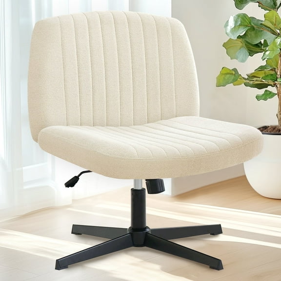 Beige Office Chair, Armless Criss Cross Legged Chair No Wheels, Comfy Home Office Desk Chairs, Adjustable Swivel Padded Fabric Vanity Task Computer Chair