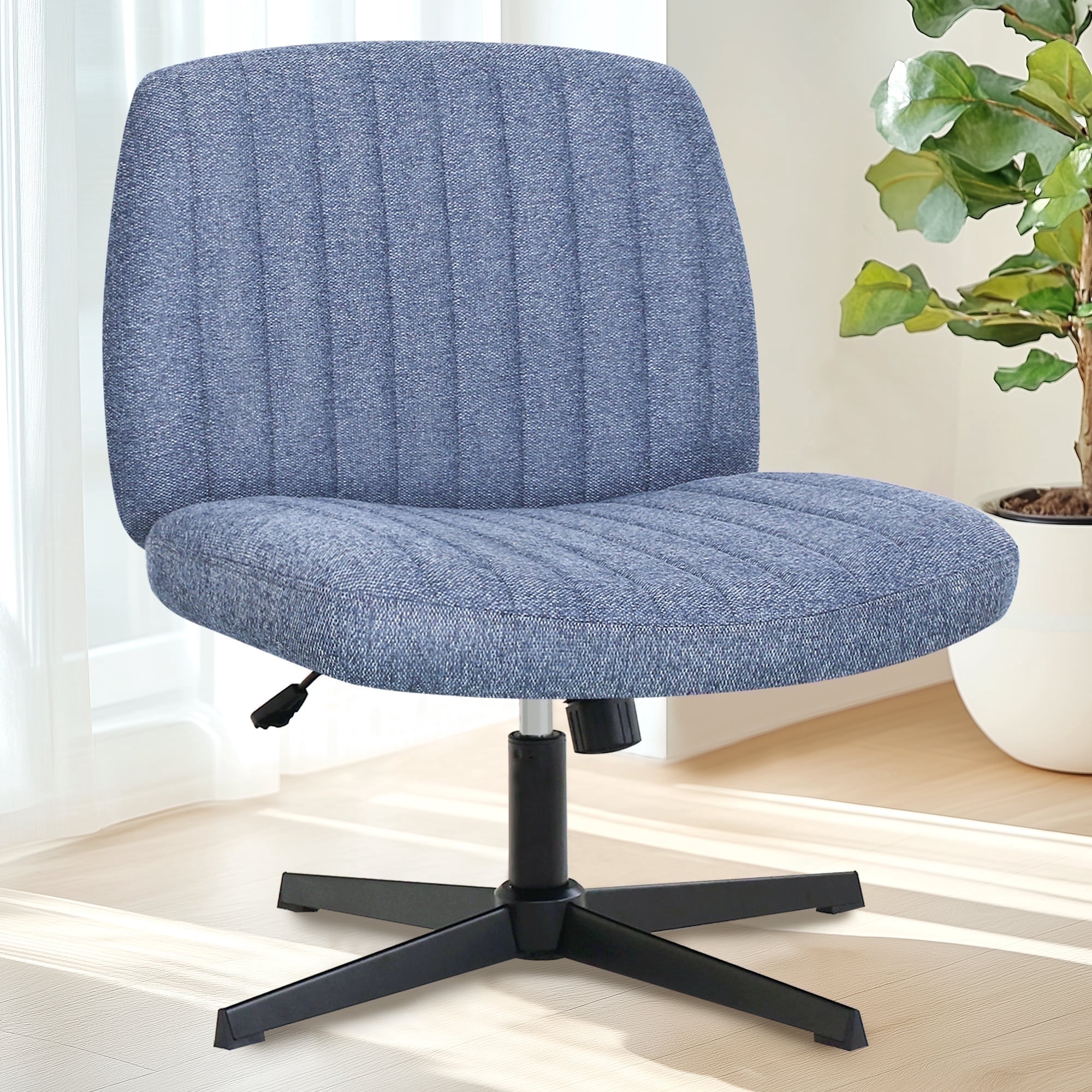 Orange Factory Criss Cross Chair No Wheel Wide Cross Legged Office Desk Vanity Chair Comfy Fabric Armless Adjustable Swivel for Home Computer Task (Blue No Wheel, Classic Fabric)
