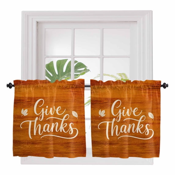 Orange Fall 2 Panel Kitchen Curtains for Small Windows, Give Thanks Thanksgiving Maple Leaf Vintage Bathroom Tier Curtain, Short Window Treatment for Bedroom/Living Room 55"x36"