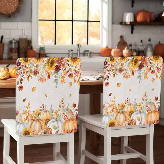 Orange Fall Chair Covers Set of 1 Thanksgiving Pumpkins Sunflower Leaf Rustic Chair Back Covers Stretch Removable Washable Slipcovers Protector for Dining Room Kitchen Party Decor