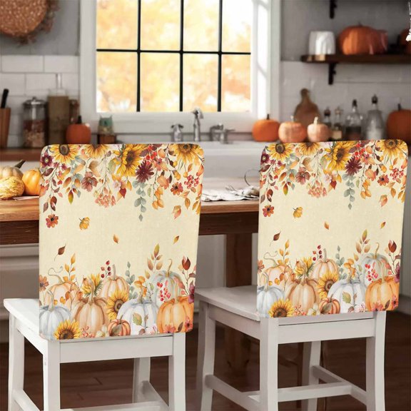 Orange Fall Chair Covers Set of 1 Thanksgiving Pumpkins Sunflower Leaf Yellow Chair Back Covers Stretch Removable Washable Slipcovers Protector for Dining Room Kitchen Party Decor