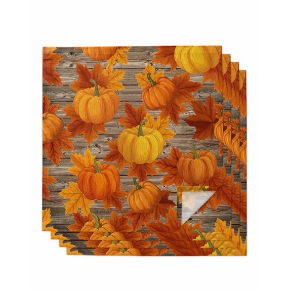Orange Fall Cloth Napkins Set of 4 Reusable Dinner Napkins, Pumpkins Thanksgiving Maple Leaf Cocktail Napkin Washable Table Napkins for Wedding/Holiday Party/Baby Shower 20"x20"