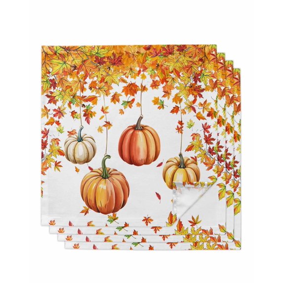 Orange Fall Cloth Napkins Set of 4 Reusable Dinner Napkins, Thanksgiving Pumpkins Maple Leaf Branch Cocktail Napkin Washable Table Napkins for Wedding/Holiday Party/Baby Shower 20"x20"