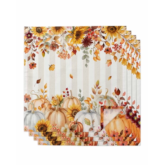 Orange Fall Cloth Napkins Set of 4 Reusable Dinner Napkins, Thanksgiving Pumpkins Sunflower Striped Cocktail Napkin Washable Table Napkins for Wedding/Holiday Party/Baby Shower 20"x20"