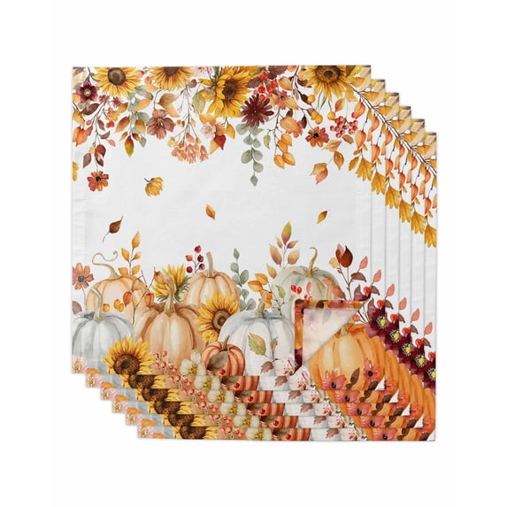 Orange Fall Cloth Napkins Set of 6 Reusable Dinner Napkins, Thanksgiving Pumpkins Sunflower Maple Leaf Cocktail Napkin Washable Table Napkins for Wedding/Holiday Party/Baby Shower 20"x20"