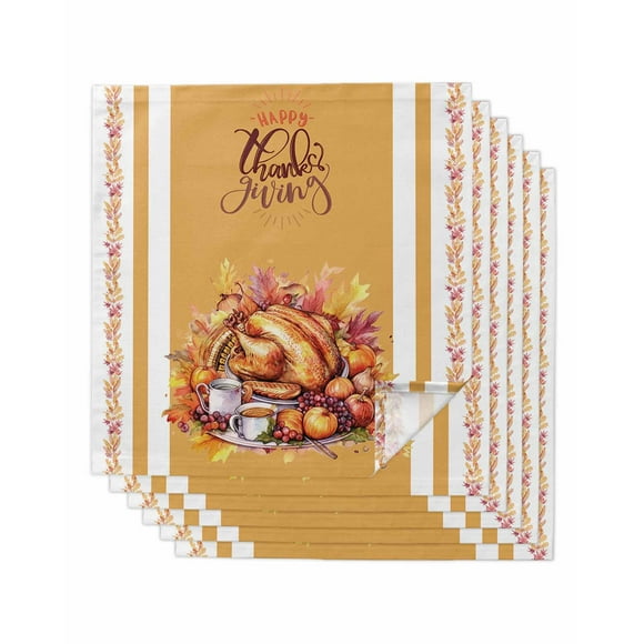 Orange Fall Cloth Napkins Set of 6, Thanksgiving Turkey Botanical Washable Reusable Dinner Cocktail Napkin for Kitchen Party Wedding Banquet Holiday Baby Shower Table Decor