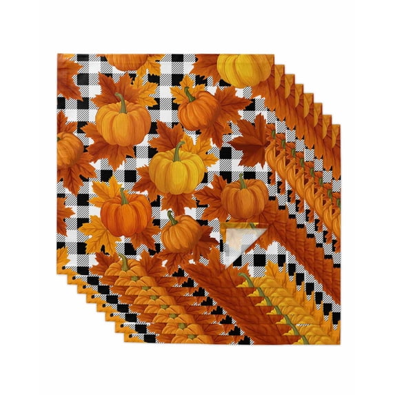 Orange Fall Cloth Napkins Set of 8 Reusable Dinner Napkins, Pumpkins Thanksgiving Maple Leaf Plaid Cocktail Napkin Washable Table Napkins for Wedding/Holiday Party/Baby Shower 20"x20"