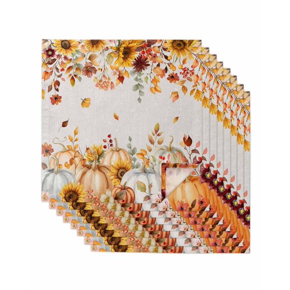 Orange Fall Cloth Napkins Set of 8 Reusable Dinner Napkins, Thanksgiving Pumpkins Sunflower Rustic Cocktail Napkin Washable Table Napkins for Wedding/Holiday Party/Baby Shower 20"x20"