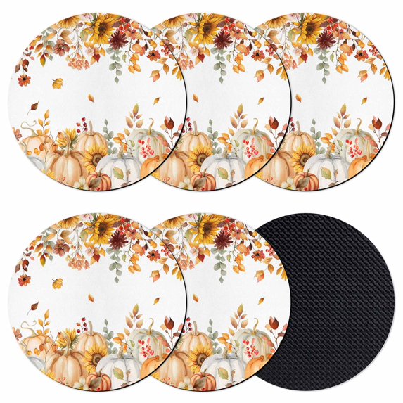 Orange Fall Coasters Set of 6, Absorbent Coasters for Drinks, Thanksgiving Pumpkins Sunflower Maple Leaf Coaster for Desk Coffee Table Protection, Home Decor House Warming Gifts 4"