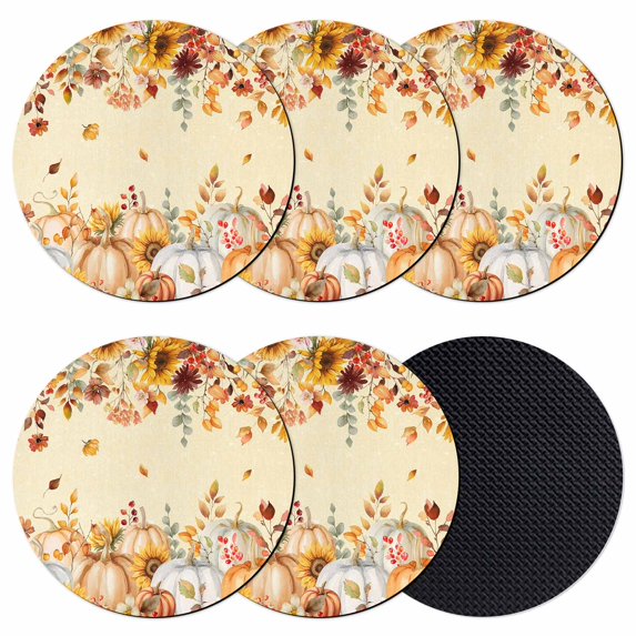 Orange Fall Coasters Set of 6, Absorbent Coasters for Drinks, Thanksgiving Pumpkins Sunflower Yellow Coaster for Desk Coffee Table Protection, Home Decor House Warming Gifts 4"