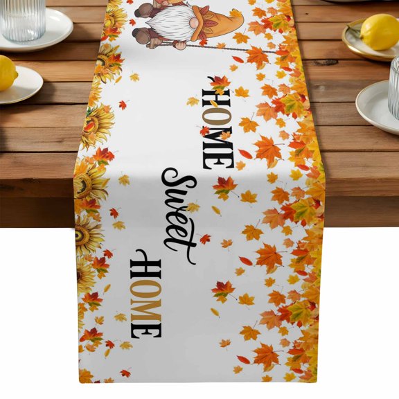 Orange Fall Cotton Linen Table Runner for Dining Kitchen, Thanksgiving Gnomes Sunflower Maple Leaf Wedding Outdoor Party Tablerunners Decoration, Dresser Scarf Coffee Tablecloth Runners 13x108 Inches