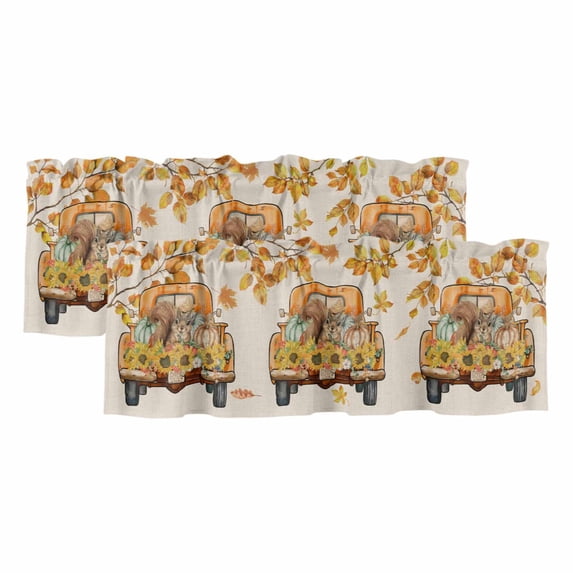 Orange Fall Curtain Valances for Windows, Kitchen Valance Window Treatments Panel 2 Pack, Thanksgiving Botanical Truck Rustic Rod Pocket Short Curtains for Bathroom Bedroom 54 x 18 Inch