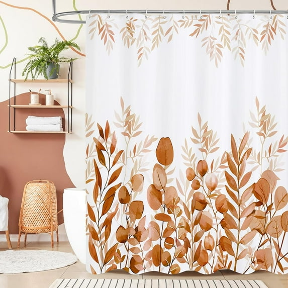 Orange Fall Eucalyptus Shower Curtain, Plant Leaves Fabric Cloth Shower Curtains for Rustic Vintage Bathroom Decor, Modern Chic Botanical Shower Curtain, 72x72