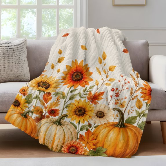 Orange Fall Fleece Throw Blanket for Couch, Pumpkins Botanical Thanksgiving Autumn Microfiber Flannel Blanket for All Season, Lightweight Fuzzy Plush Throw Blankets for Gifts, Office, 40"x50"