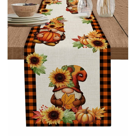 Orange Fall Gnomes Burlap Cotton Table Runner 13x36 Inches Short, Thanksgiving Sunflowers Maple Retro Farmhouse Table Runners, Outdoor Dining Tablecloths Decor for Baby Shower/Party/Wedding