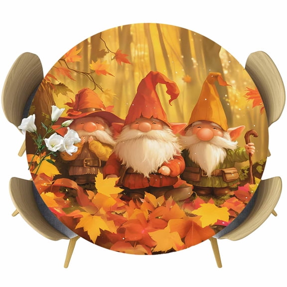 Orange Fall Gnomes Round Tablecloth 55-60 Inch Round Fitted Table Cloth with Elastic Edge, Thanksgiving Maple Leaf Waterproof Table Cover Protector for Outdoor Picnic Party Dining