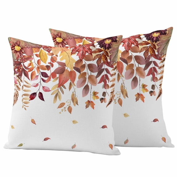 Orange Fall Leaves Outdoor Waterproof Pillow Covers, Watercolor Maple Eucalyptus Botanical Decorative Square Throw Pillowcase Sofa Cushion Sham for Patio/Couch/Chair, 18"x18" 2 Pack