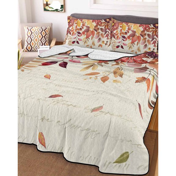 Orange Fall Leaves Queen Size Down Alternative Comforter, Lightweight Comforter Quilt Bedding Set with Pillow Shams Farmhouse Maple Eucalyptus Botanical All Seasons Bed Comforter Duvet Insert 90"x96"