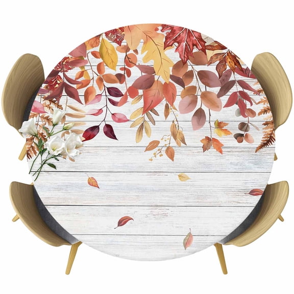 Orange Fall Leaves Round Tablecloth 36-44 Inch Round Fitted Table Cloth with Elastic Edge, Maple Eucalyptus Plants Wooden Grain Waterproof Table Cover Protector for Outdoor Picnic Party Dining