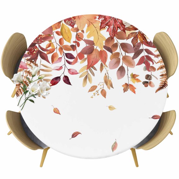 Orange Fall Leaves Round Tablecloth 36-44 Inch Round Fitted Table Cloth with Elastic Edge, Watercolor Maple Eucalyptus Plants Waterproof Table Cover Protector for Outdoor Picnic Party Dining