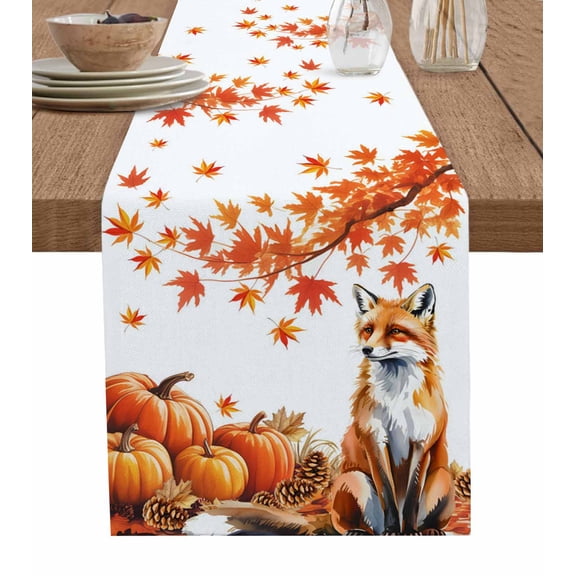 Orange Fall Maple Burlap Cotton Table Runner 13x108 Inches Long, Thanksgiving Pumpkins Fox Forest Pastoral Farmhouse Table Runners, Outdoor Dining Tablecloths Decor for Baby Shower/Party/Wedding