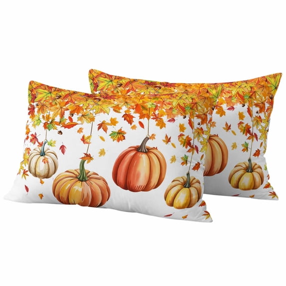 Orange Fall Outdoor Pillow Covers 20"x12" Set of 2,Waterproof Throw Pillow Covers for Patio Furniture,Thanksgiving Pumpkins Maple Leaf Branch Decorative Cushion Pillowcases for Garden Couch Sofa