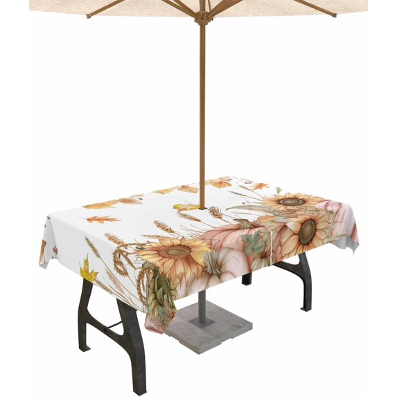 Orange Fall Outdoor Tablecloth with Umbrella Hole & Zipper, Thanksgiving Pumpkins Sunflowers Rectangle Tablecloth 60x84 Inch, Patio Table Cover Waterproof Table Cloth for Picnic/Party