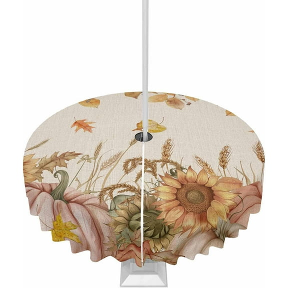 Orange Fall Outdoor Tablecloth with Umbrella Hole & Zipper, Thanksgiving Pumpkins Sunflowers Rustic Round Tablecloth 60 Inch, Patio Table Cover Waterproof Table Cloth for Picnic/Party