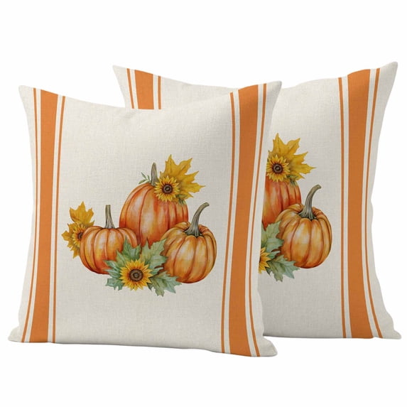Orange Fall Outdoor Waterproof Pillow Covers, Thanksgiving Sunflower Pumpkin Stripe Decorative Square Throw Pillowcase Sofa Cushion Sham for Patio/Couch/Chair, 16"x16" 2 Pack