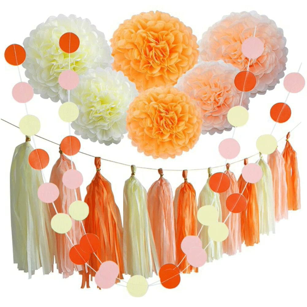 Orange and Ivory Tissue Paper Pom-Poms and Tassel Garland Set
