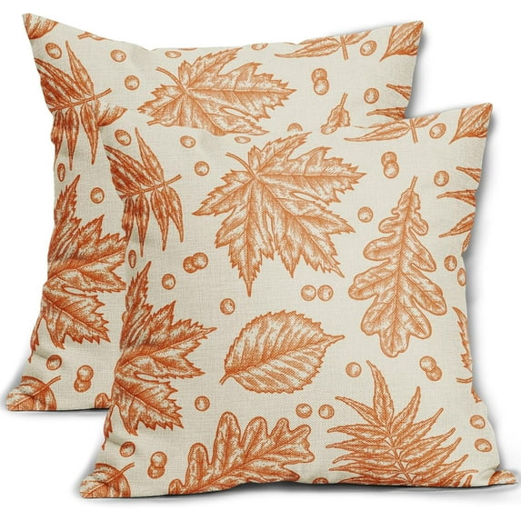 Orange Fall Pillow Covers 18x18 Set of 2 Cream Maple Leaf Print Autumn Colored Harvest Decorative Outdoor Pillowcases Farmhouse Seasonal Throw Cushion Case Decor for Home Couch Sofa Bed