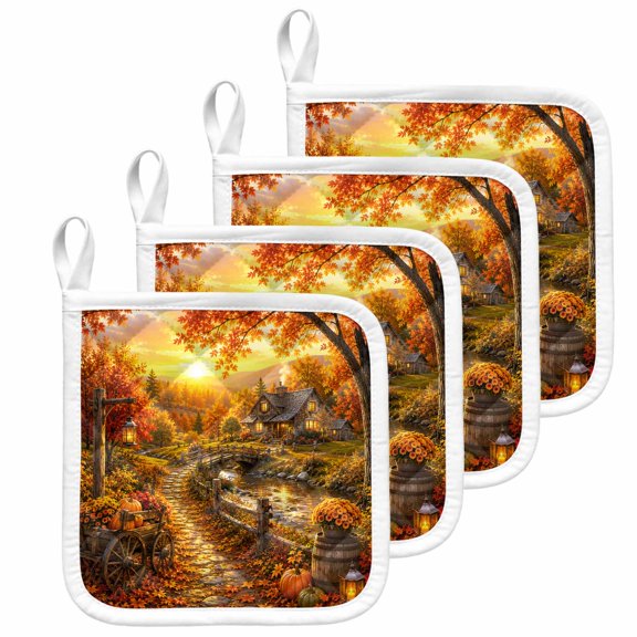 Orange Fall Pot Holders for Kitchen Heatproof Potholder, 4 Pack Farmhouse Country Pumpkins Maple Leaves Trees Hot Pads Multipurpose Oven Pads Terry Cloth Potholders Trivet for Cooking and Baking