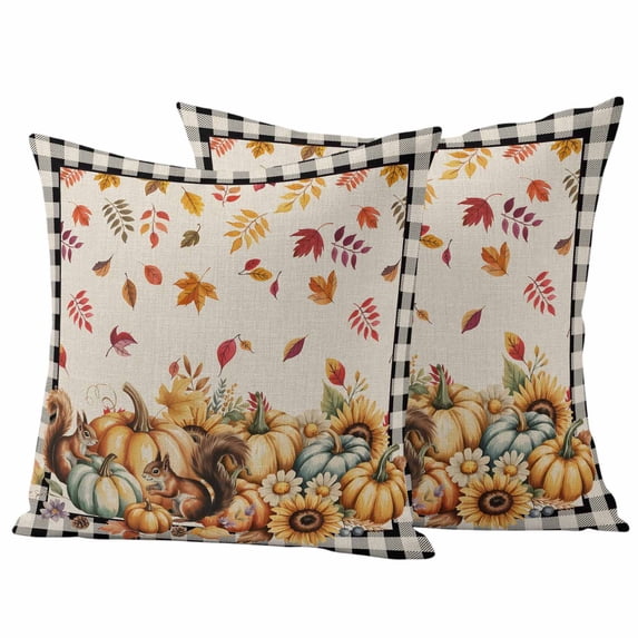 Orange Fall Pumpkin Outdoor Waterproof Pillow Covers, Leaves Sunflower Squirrel Retro Plaid Decorative Square Throw Pillowcase Sofa Cushion Sham for Patio/Couch/Chair, 24"x24" 2 Pack