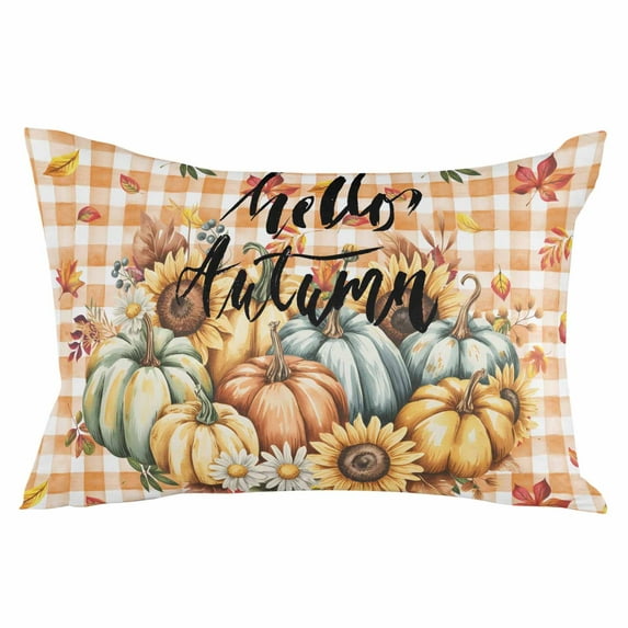 Orange Fall Pumpkin Throw Pillow Cover 24 x 36 Inch Decorative Pillow Cover Sunflowers Leaves Retro Plaid Farmhouse Lumbar Pillowcase Seasonal Rectangle Cushion Case for Couch Sofa Bed Living Room