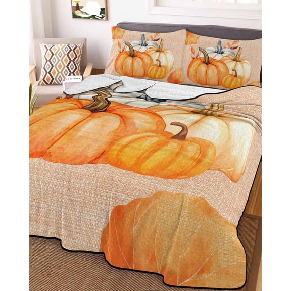 Orange Fall Pumpkin Twin Size Down Alternative Comforter, Lightweight Comforter Quilt Bedding Set with Pillow Shams Thanksgiving Botanical Leaves Retro All Seasons Bed Comforter Duvet Insert 68"x86"