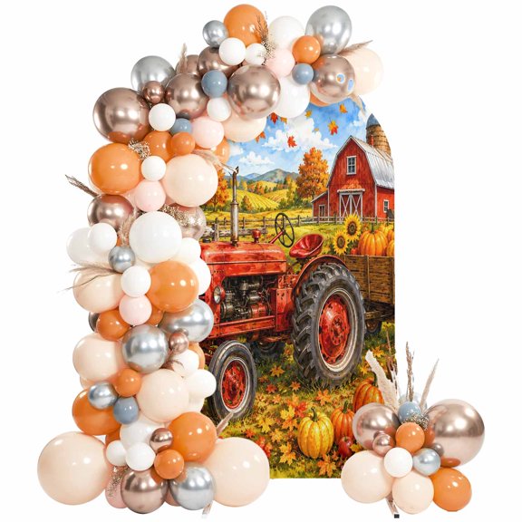 Orange Fall Pumpkins Arch Backdrop Cover 6Ft, Wedding Arch Covers Stretchy Backdrop, Thanksgiving Farmhouse Maple Leaves Fitted 2 Sided Arched Photo Background for Birthday Party Decorations