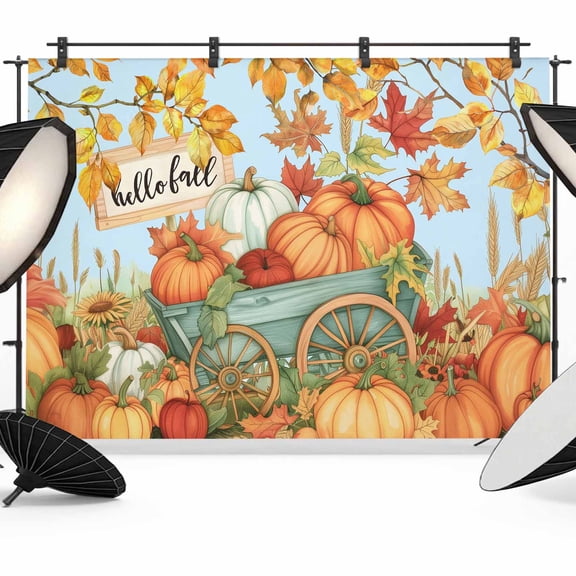 Orange Fall Pumpkins Backdrop for Photoshoot,Photography Photo Studio Background Wall Backdrop,Thanksgiving Botanical Blue Back Drop Banner Panel for Portraits Wedding Party Live Streaming 10x8Ft