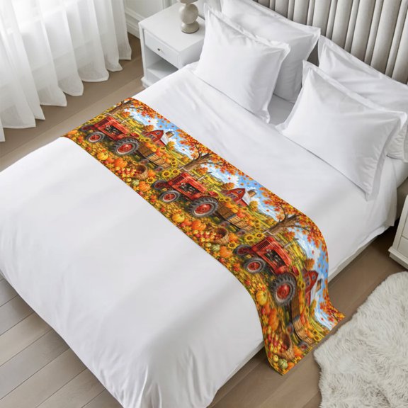 Orange Fall Pumpkins Bed Runner Queen/Full Size, Thanksgiving Farmhouse Maple Leaves Bed Scarf Protector Slipcover for Bedroom Wedding Room Hotel, Bedding Runner Throws for Foot of Beds 83"x20"