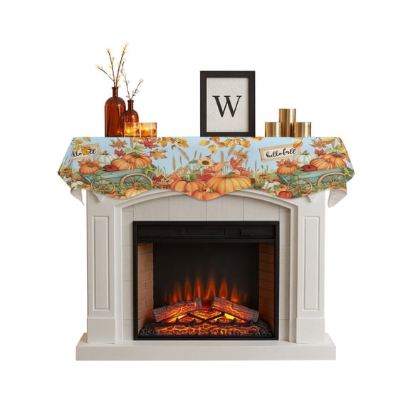Orange Fall Pumpkins Fireplace Mantel Scarf Cover 60"Wx17"L,Fireplace Mantel Shelf Top Runner,Thanksgiving Botanical Blue Mantle Dresser Scarves Table Runner for Holiday Party Living Room Decorations
