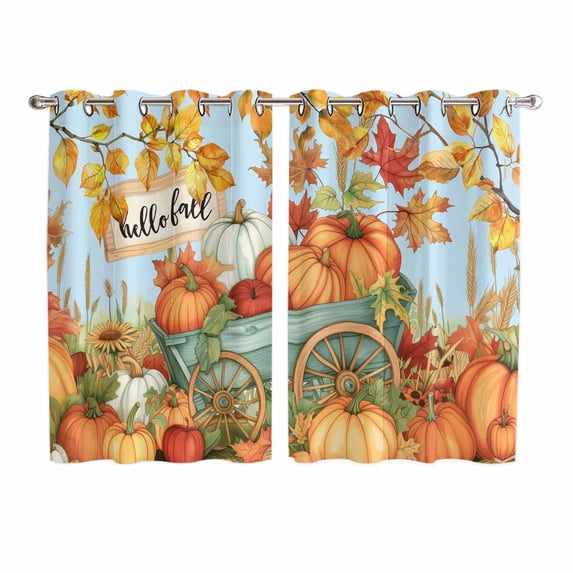 Orange Fall Pumpkins Kitchen Curtains 72 Inch Length, Thanksgiving Botanical Blue Grommet Top Bedroom Living Room Curtains, Light Filtering Cafe Curtain Drapes 2 Panels Set 104''x72''