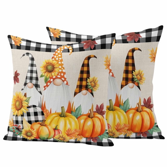 Orange Fall Pumpkins Outdoor Waterproof Pillow Covers, Gnomes Sunflowers Vintage Farm Check Decorative Square Throw Pillowcase Sofa Cushion Sham for Patio/Couch/Chair, 20"x20" 2 Pack