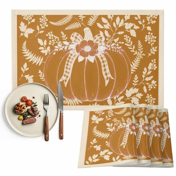 Orange Fall Pumpkins Placemats Set of 6, Thanksgiving Floral Botanical Foliage Washable Wipeable Table Mats for Dining Tables, Indoor Outdoor Kitchen Place Mats for Holiday Party Table Decor