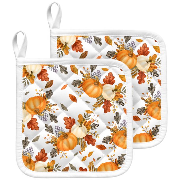 Orange Fall Pumpkins Pot Holders for Kitchen Heat Insulation Potholder,Kitchen Pot Holders Sets Washable Oven Hot Pads Terry Cloth Trivet for Cooking Autumn Botanical Maple Leaf Thanksgiving 2 Pack