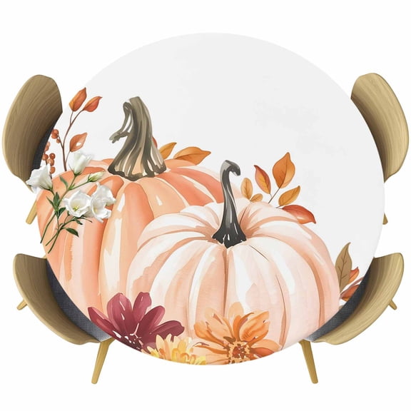 Orange Fall Pumpkins Round Tablecloth, Fitted Table Cover with Elastic for 36"-44" Round Tables, Thanksgiving Maple Leaf Botanical Table Cloth Outdoor Indoor Dinning Party Waterproof Tablecloths