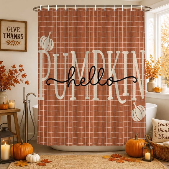Orange Fall Pumpkins Shower Curtains for Bathroom, Thanksgiving Autumn Modern Plaid Waterproof Fabric Shower Curtain, Decorative Bathroom Curtain for Bathtub, 72"x72", No Hooks Included